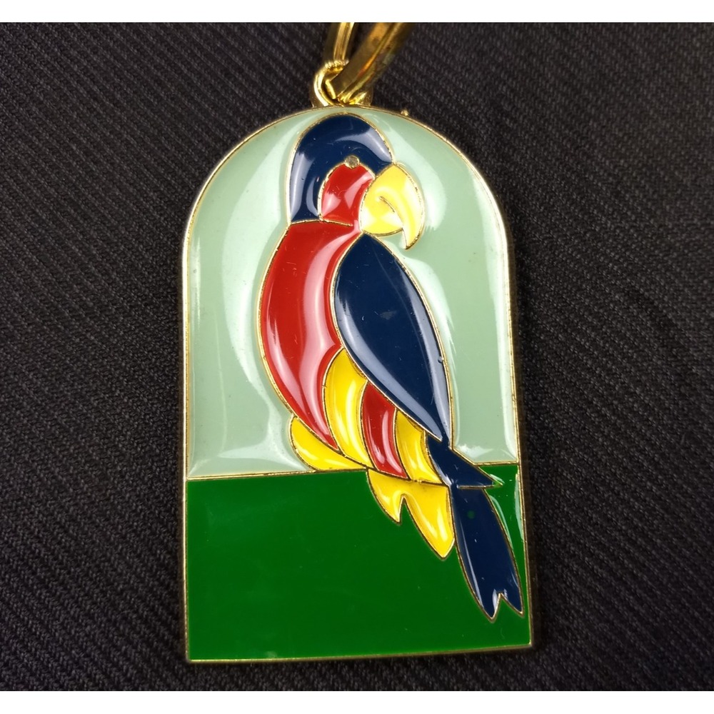 Vintage Parrot Enamel Keychain Green Blue Suncatcher Gold-Tone Metal Keyring 70s